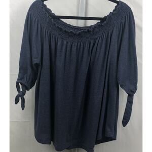 Lane Bryant Top Women 14/16 Blue Cotton Blend Stretch Ruffle Short Sleeve Ties